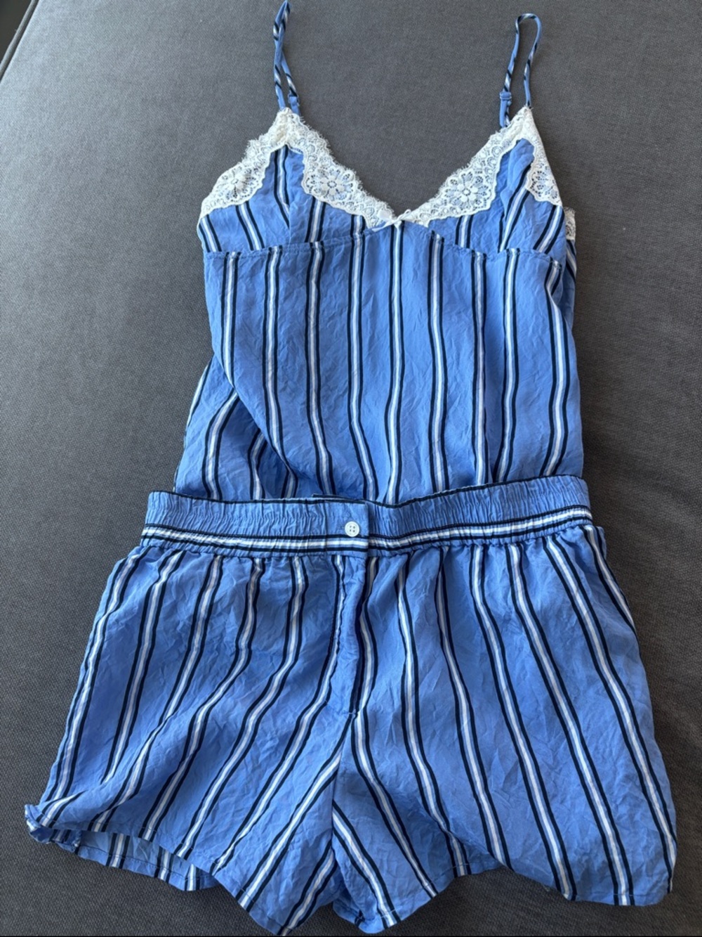 Zara Blue Striped Lace-Trim Jumpsuit Romper